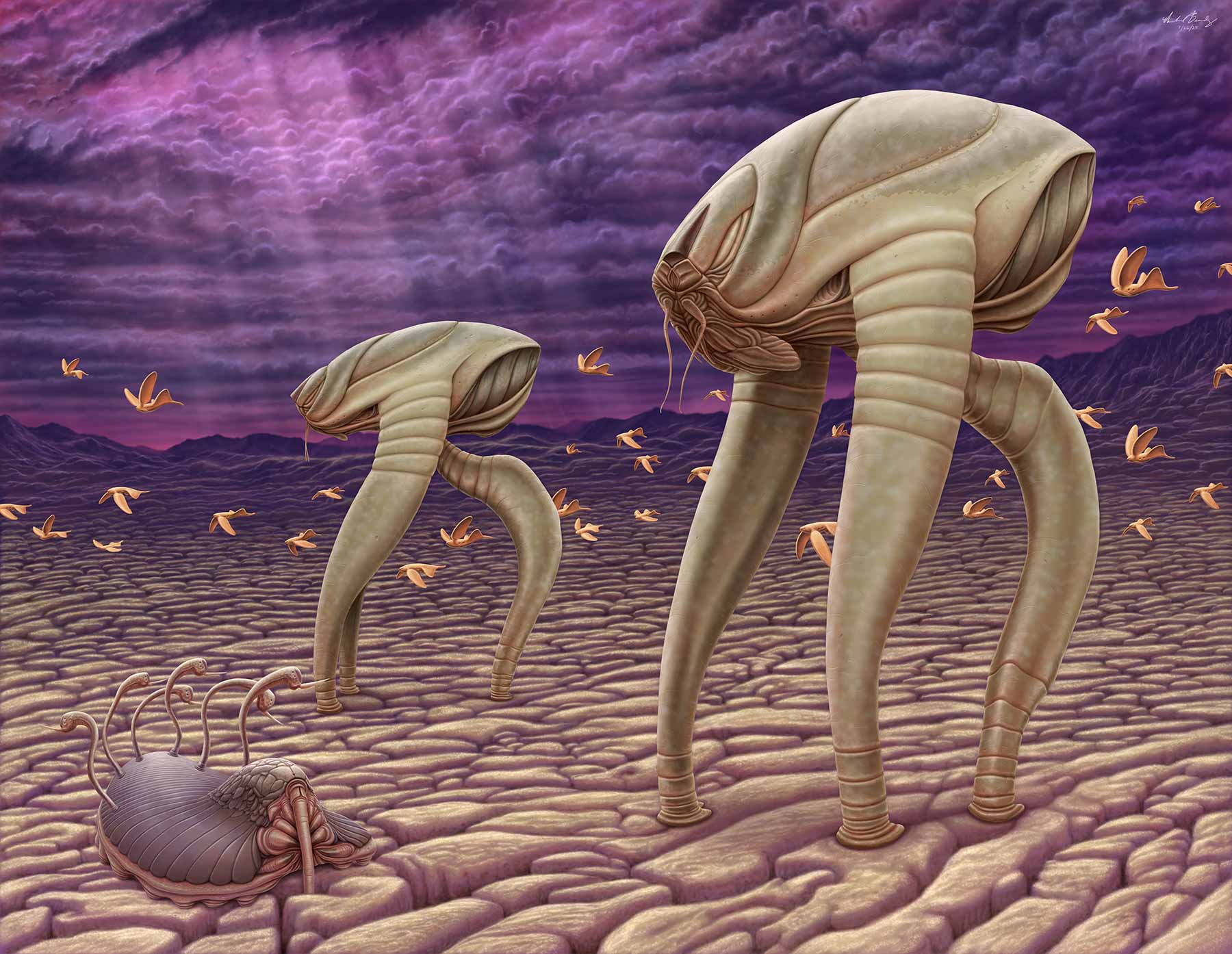 Giant creatures walking along a wrinkled ground surface with a purple clouded sky